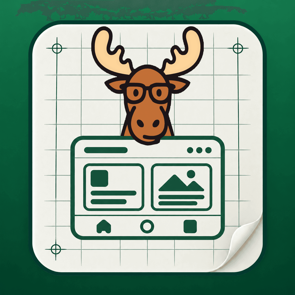 Diving Moose Studios brown moose with glasses on a cream blueprint, framed in deep green
